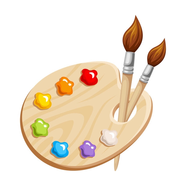 Art palette with paints and brushes. Vector illustration.