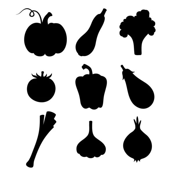 Набор черных силуэтов из овощей. Векторная иллюстрация . — стоковый вектор