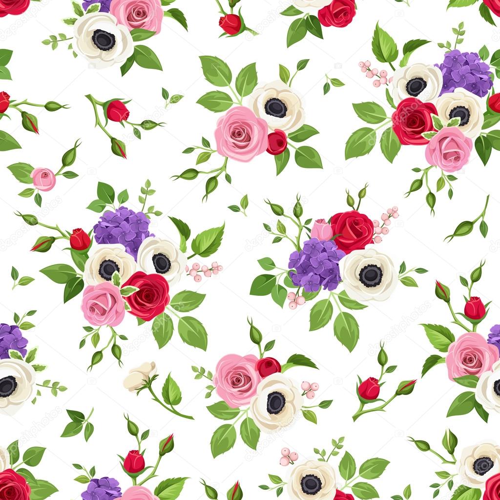 Seamless pattern with red, pink white and purple flowers. Vector illustration.