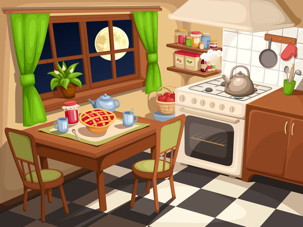 Evening kitchen interior. Vector illustration.