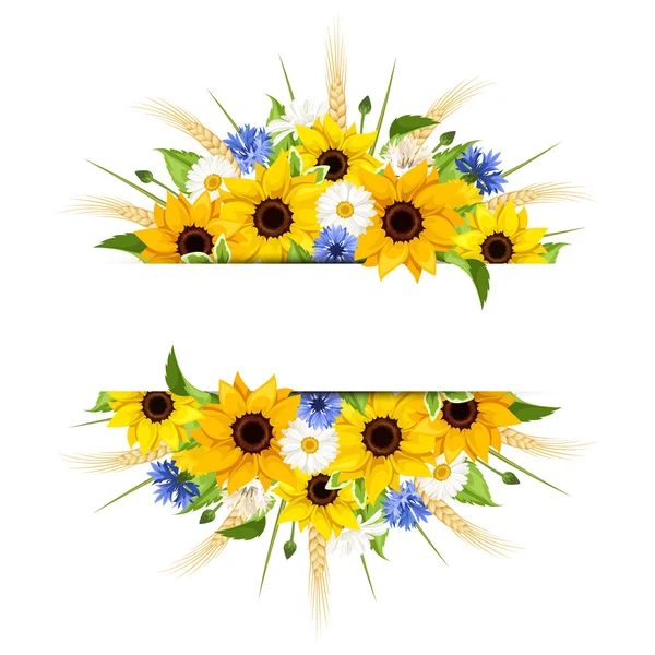 Achtergrond met zonnebloemen, madeliefjes, korenbloemen en oren van tarwe. Vectorillustratie. — Stockvector