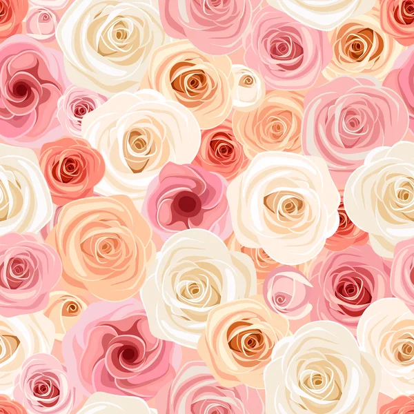 Modello senza cuciture con rose rosa, arancioni e bianche. Illustrazione vettoriale . — Vettoriale Stock