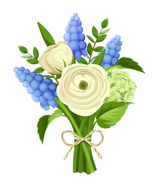 Bouquet of white ranunculus and blue grape hyacinth flowers. Vector illustration. — Stock Vector