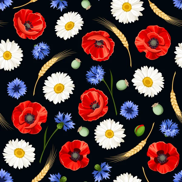 Motif sans couture avec coquelicots, marguerites et bleuets. Illustration vectorielle . — Image vectorielle