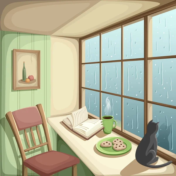 Interior de la habitación con una gran ventana y lluvia fuera de ella. Ilustración vectorial . — Vector de stock