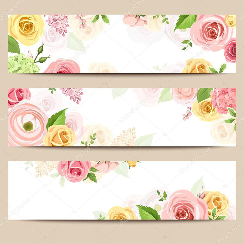 Web banners with pink, orange and yellow flowers. Vector eps-10.