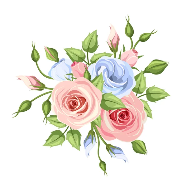 Roses roses et bleues et fleurs de lisianthus. Illustration vectorielle . — Image vectorielle