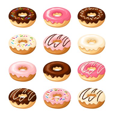 Renkli donut kümesi. Vektör çizim.
