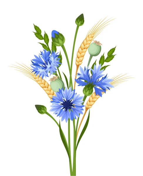 Bouquet of cornflowers and wheat. Vector illustration. — Stock Vector