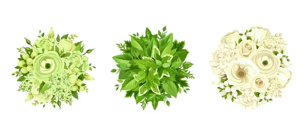 Groene en witte bloemen en bladeren boeketten. Vectorillustratie. — Stockvector