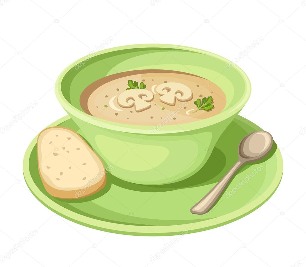 Mushroom cream soup in a green plate. Vector illustration.