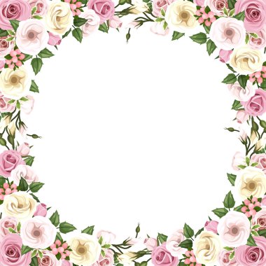 Pembe güller ve lisianthus çiçekli çerçeve. Vektör çizim.