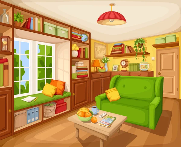 Interior de la sala de estar con librería, sofá y mesa. Ilustración vectorial . — Vector de stock