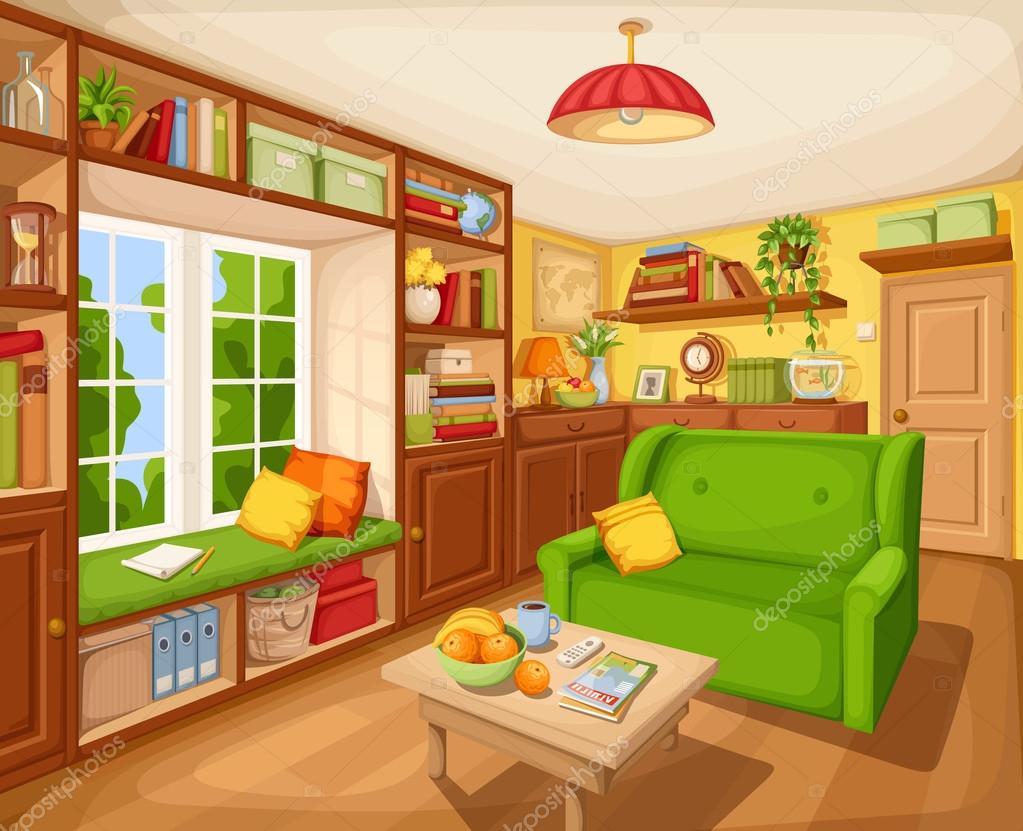 Living Room Interior With Bookcase, Picture Of A Living Room Cartoon