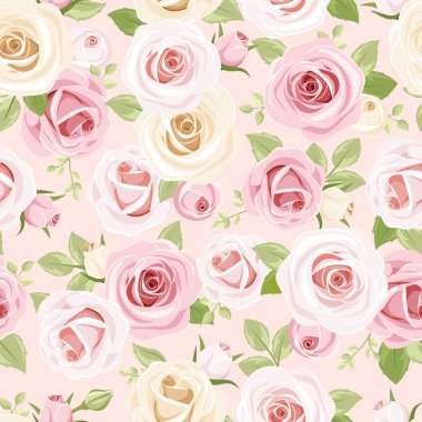 Pembe Pembe ve beyaz gül ile Seamless modeli. Vektör çizim.