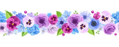 Horizontal seamless background with blue and purple flowers. Vector illustration. clipart