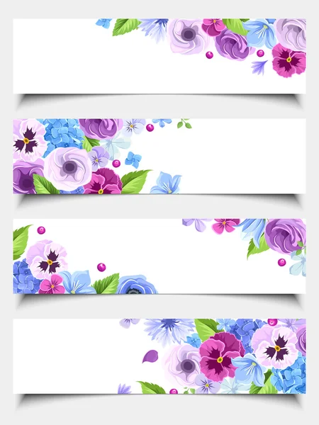Conjunto de banners web con flores azules y moradas. Ilustración vectorial . — Vector de stock