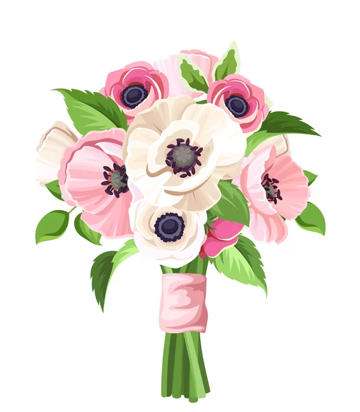 Bouquet of pink and white poppies and anemone flowers. Vector illustration. — Stock Vector