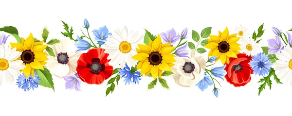 Horizontale nahtlose Hintergrund mit bunten Blumen. Vektorillustration. — Stockvektor