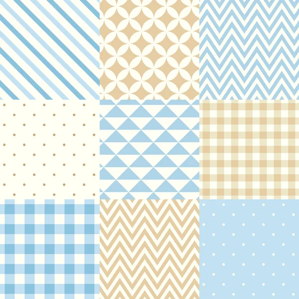 Reihe blauer und beiger nahtloser geometrischer Muster. Vektorillustration. — Stockvektor