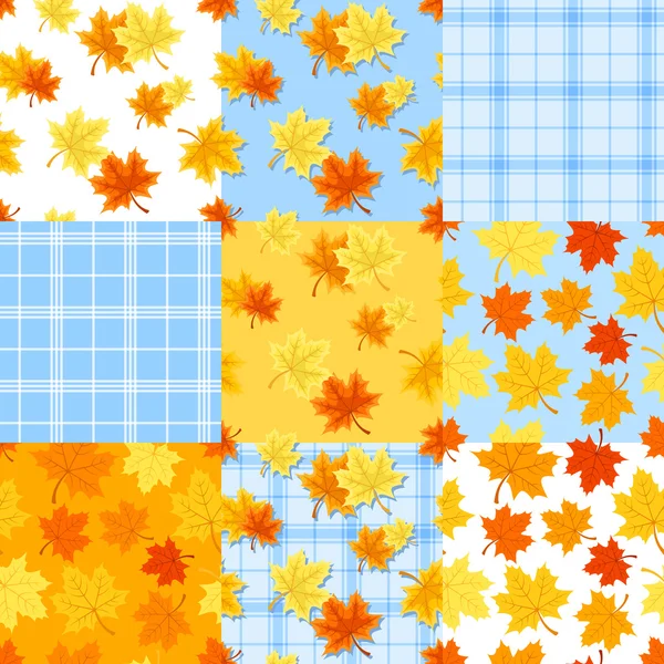 Conjunto de coloridos patrones sin costura de otoño con hojas de arce. Ilustración vectorial . — Archivo Imágenes Vectoriales