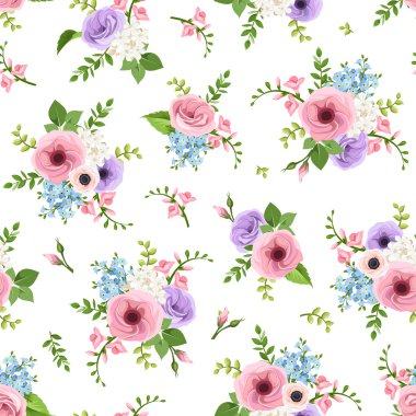 Seamless pattern with pink, purple, blue and white flowers. Vector illustration. clipart