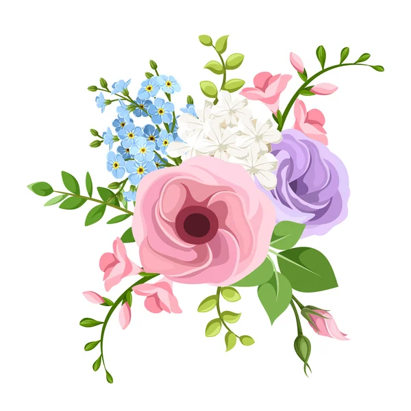 Lisianthus, ramo de flores freesia y forget-me-not. Ilustración vectorial . — Vector de stock