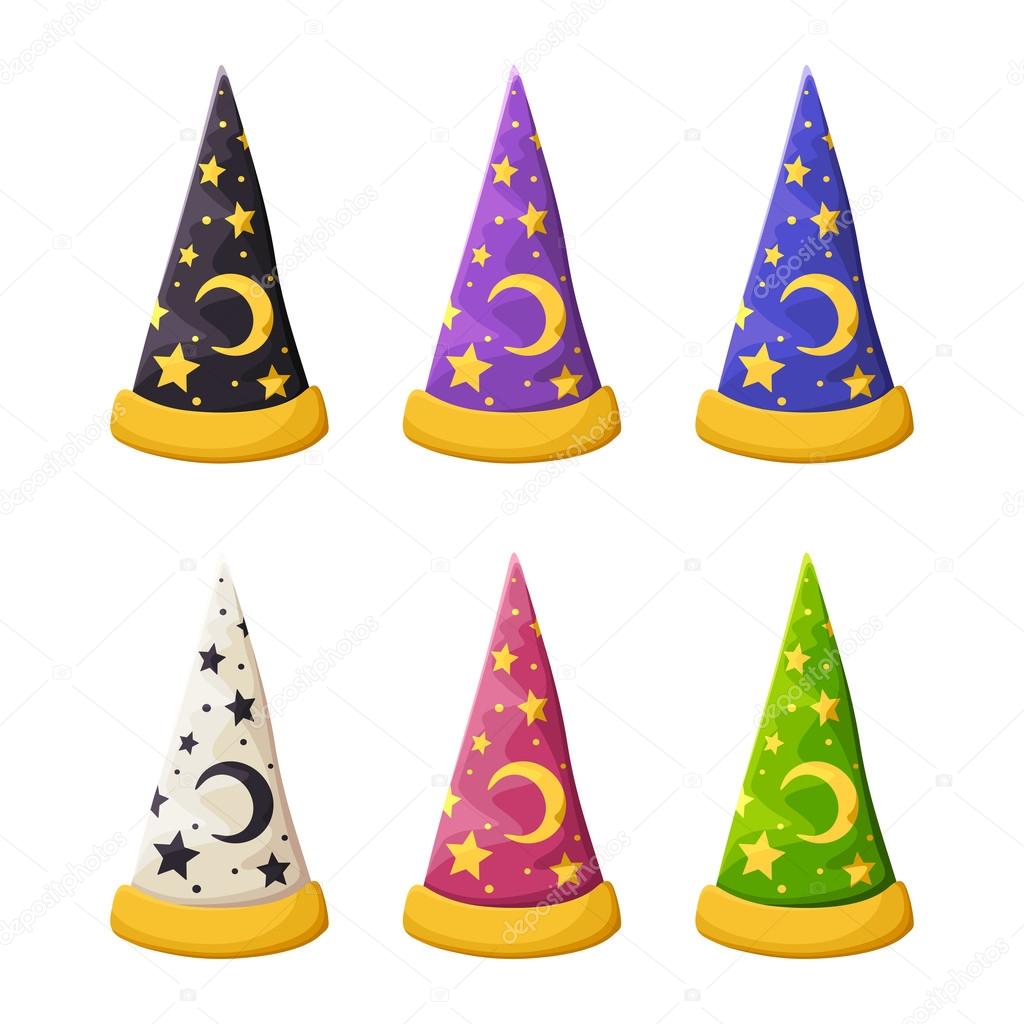 Set of colorful wizard's hats isolated on a white background. Vector illustration.
