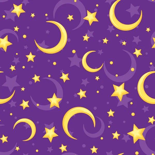 Seamless pattern with yellow stars and crescents on purple. Vector illustration. — Stock Vector