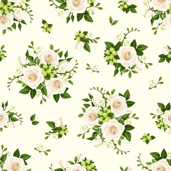Vector seamless pattern with white roses and freesia flowers. — Stock Vector