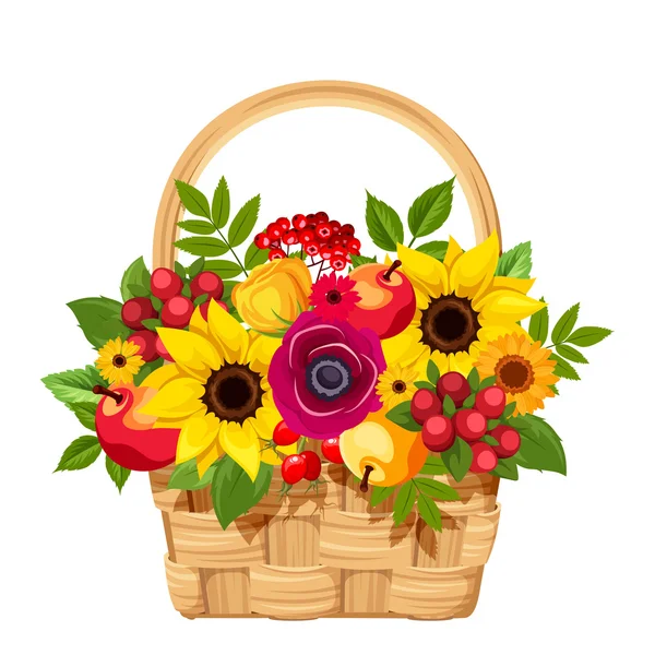 Cesta con flores, manzanas y bayas. Ilustración vectorial . — Vector de stock