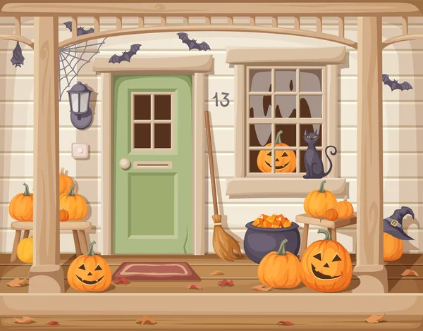 Puerta delantera y porche decorado para Halloween. Ilustración vectorial . — Vector de stock