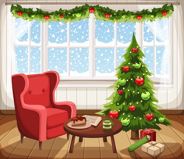 Vector Interior Sala Estar Navidad Con Abeto Sillón Nevadas Fuera — Vector de stock