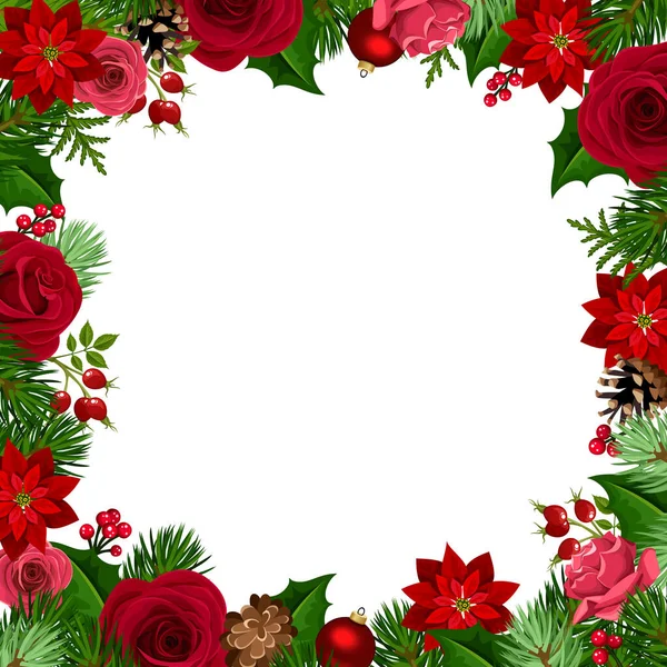 Vector Weihnachtshintergrundrahmen Mit Roten Und Grünen Rosen Weihnachtssternen Kugeln Stechpalmen — Stockvektor