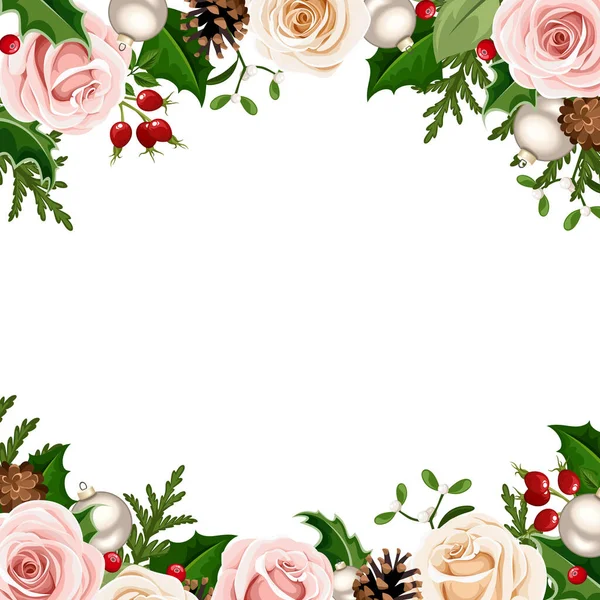 Marco Fondo Navidad Vectorial Con Rosas Rosadas Blancas Verdes Bolas — Archivo Imágenes Vectoriales