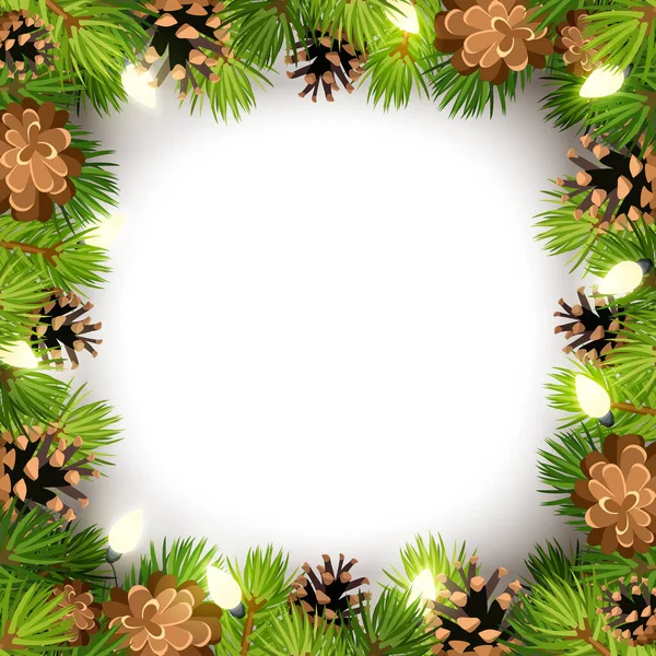 Vector Christmas Frame Green Fir Tree Branches Lights Cones — Stock Vector