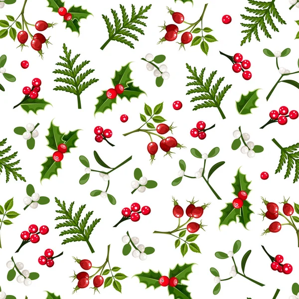 白色背景上有冬青 蔷薇和冷杉枝条的病媒圣诞花卉无缝图案 — 图库矢量图片