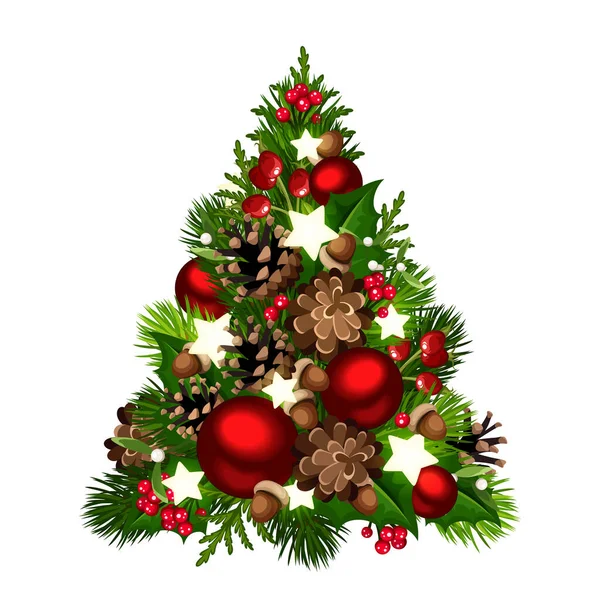 Vector Decoratieve Kerstboom Met Rode Ballen Kegels Eikels Hulst Stralende — Stockvector