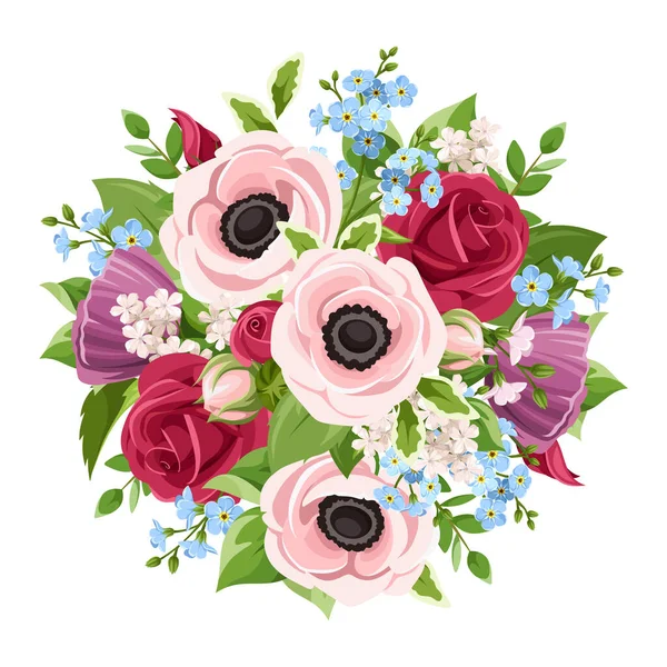 由粉色 紫色和蓝色海葵 玫瑰和淡忘的花朵组成的病媒花束 它们被白色的背景隔开 — 图库矢量图片