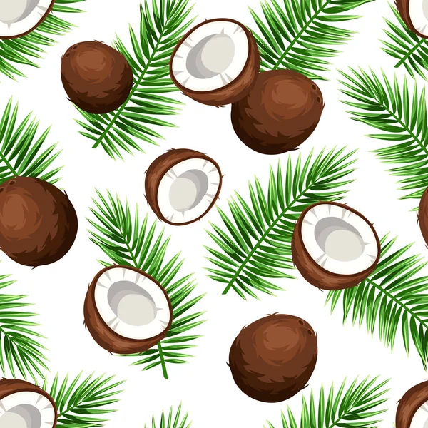 Vector Naadloos Patroon Met Kokosnoten Kokospalmbladeren Een Witte Achtergrond — Stockvector
