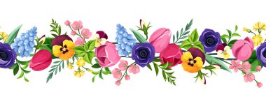 Kırmızı, pembe, mavi, mor ve sarı laleler, nonoşlar, şakayıklar, sümbüller ve kiraz çiçekleri ile vektörsüz yatay sınır.
