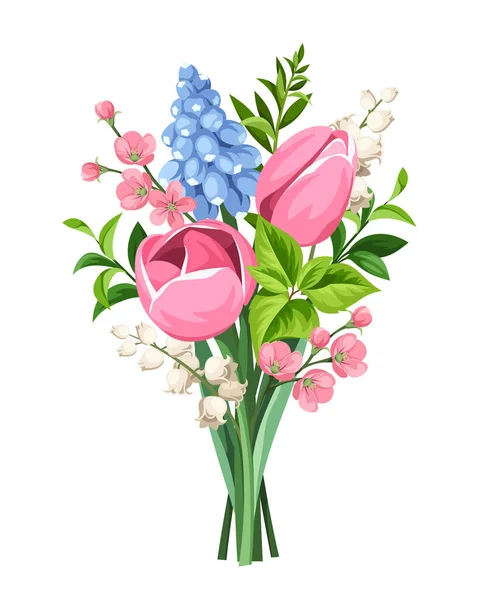 Bouquet Primaverile Vettoriale Tulipani Rosa Fiori Giacinto Blu Giglio Bianco — Vettoriale Stock