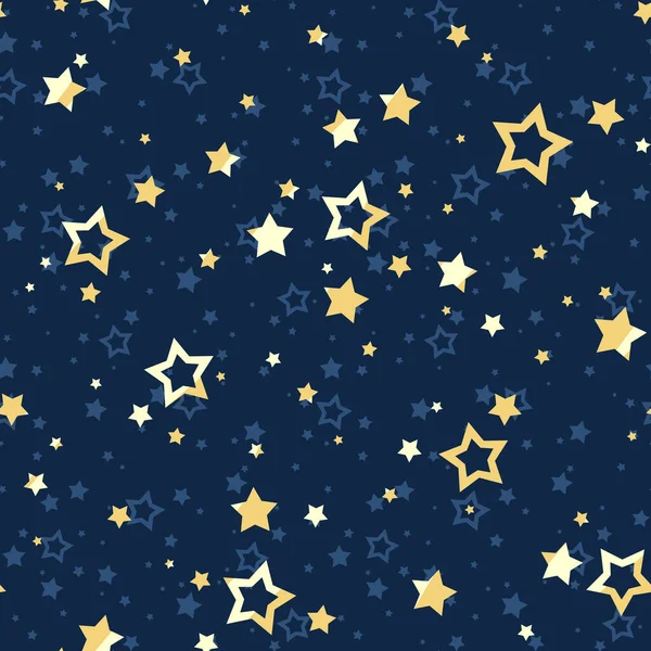 濃い青の背景に黄色の星のベクトルシームレスパターン — ストックベクタ
