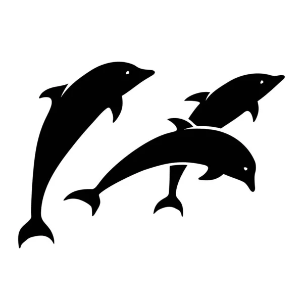 白い背景に隔離された3匹のジャンプイルカのベクトル黒のシルエット — ストックベクタ