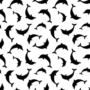 Beyaz arka planda siyah yunusların siluetleri olan kusursuz bir şekil..