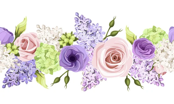 Vector Horizontal Seamless Border Pink Purple White Roses Lisianthus Flowers — Stock Vector