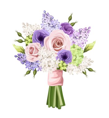 Beyaz arkaplanda pembe, mor ve beyaz güller, lisianthus çiçekleri ve leylak çiçekleri bulunan vektör buketi.