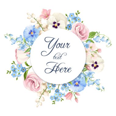 Vector invitation or greeting circle card with pink, blue and white pansy flowers, lisianthus flowers and forget-me-not flowers. clipart