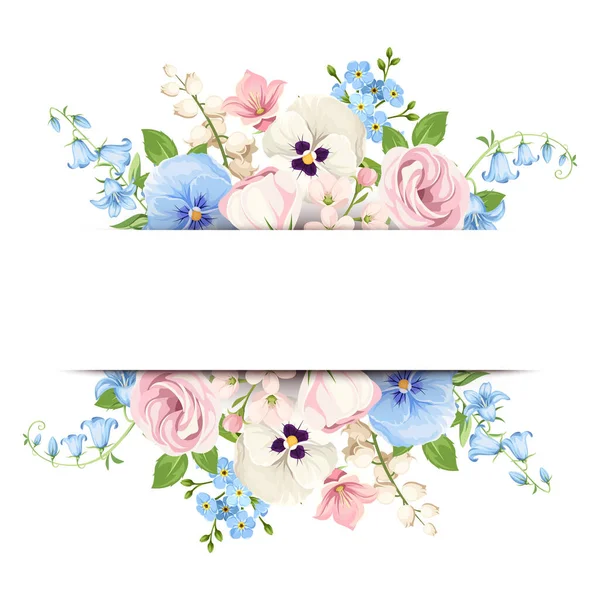 Bannière Vectorielle Blanche Avec Fleurs Roses Bleues Blanches Fleurs Lisianthus — Image vectorielle