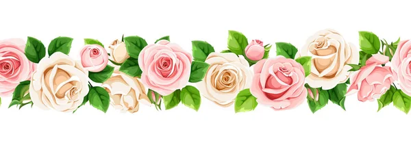 Векторна Горизонтальна Безшовна Рамка Рожевими Білими Трояндами — стоковий вектор